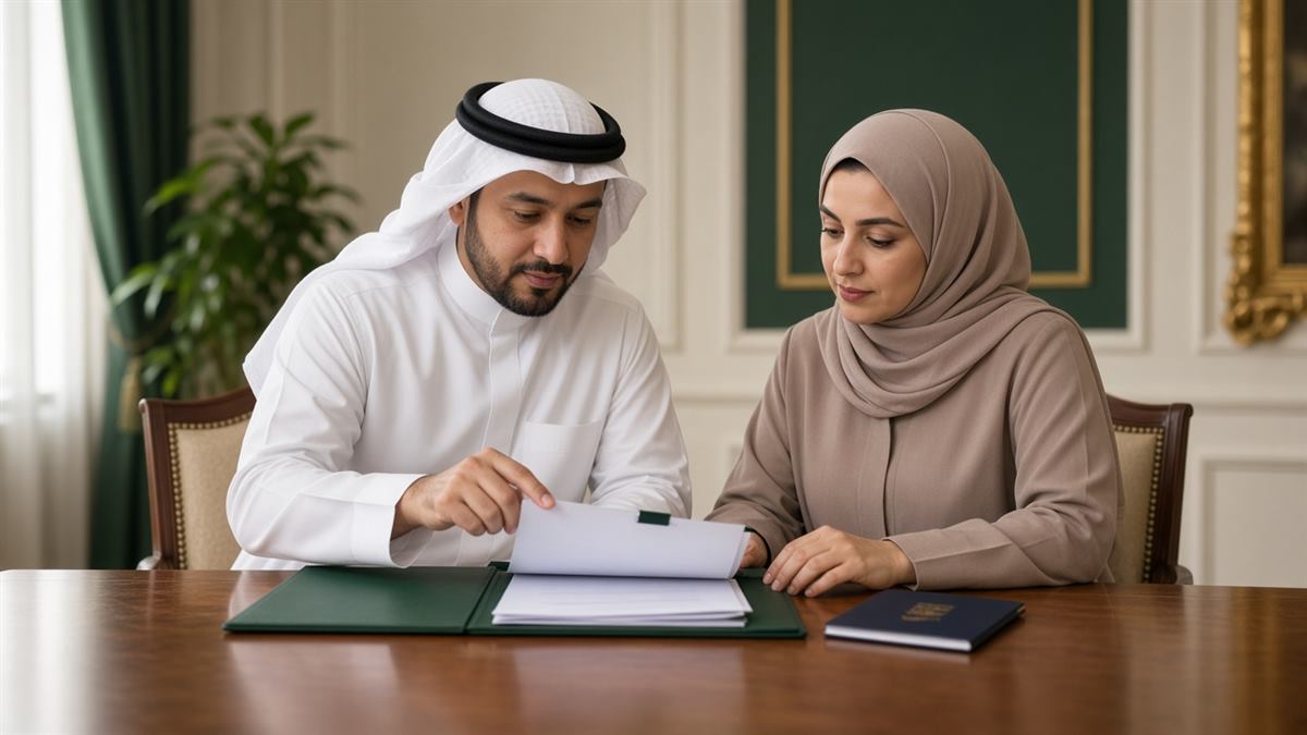 زوجان يراجعان ملف تصريح زواج السعودي من غير سعودية في مكتب خاص