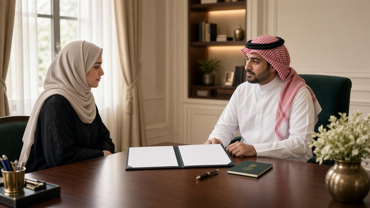 جلسة استشارة في المكتب حول تصريح زواج السعودية من غير سعودي